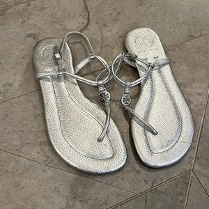 Tory Burch T Strap sandal. Silver. Size 7. Never worn
